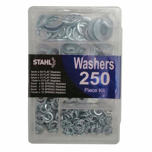 Stahl Assorted Washer Kit - 250 Pack - Metal - Flat and Spring Washers - Auzzistore