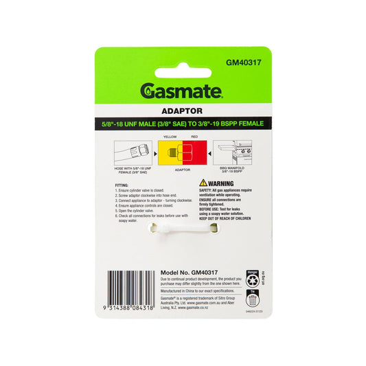 Gasmate Gas Fitting GM40317 - 5/8" UNF to 3/8" BSPP - Brass - BBQ/Camping – view 2 - Auzzistore