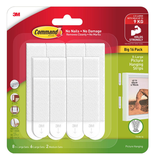 Command White Picture Hanging Strip Mixed Pack 16 Pairs - 96.5mm x 165.1mm - Damage-Free Hanging - Auzzistore