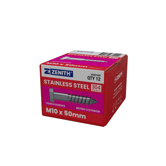 Zenith Hex Head Coach Screws M10 x 50mm Stainless Steel 12 Pack