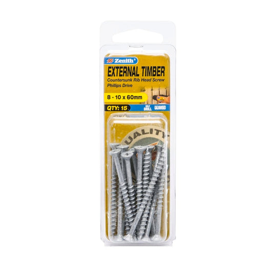 Zenith Timber Screws - 10 x 60mm - Galvanised - Countersunk Rib Head - 15 Pack - Auzzistore