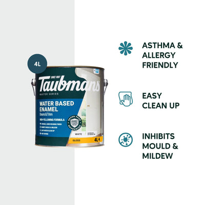 Taubmans 4L White Gloss Water Based Enamel Paint - Durable Finish - Low Odour