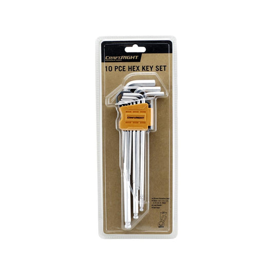 Craftright 10 Piece Hex Key Set - Extra Long - Solid Steel - Metric
