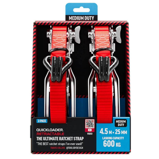 Quickloader Retractable Ratchet Strap Tie Down - 4.5m x 25mm - 600kg - 2 Pack - Durable Webbing