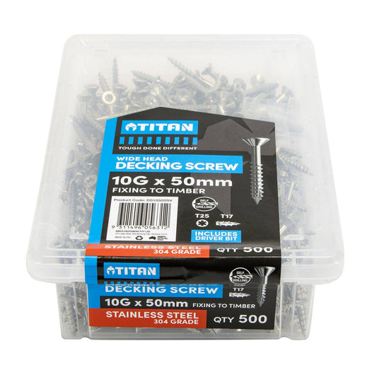 Titan 10g x 50mm Wide Head Decking Screw 304 Stainless Steel Pack of 500 - Durable - Flush Finish - Auzzistore