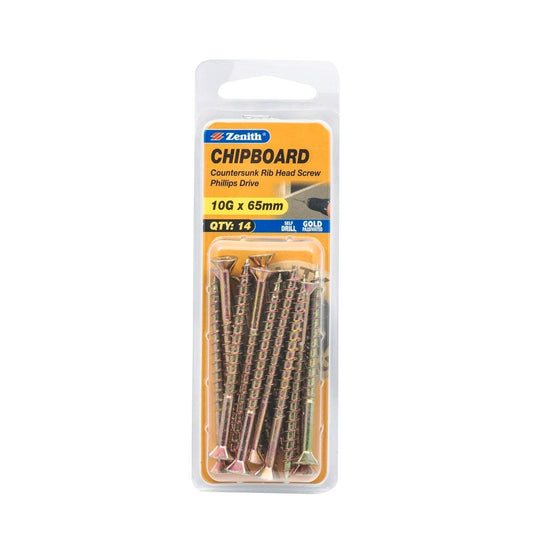 Zenith 10g x 65mm Gold Passivated Countersunk Rib Head Screws - 14 Pack - Self-Drilling - Maximum Grip - Auzzistore