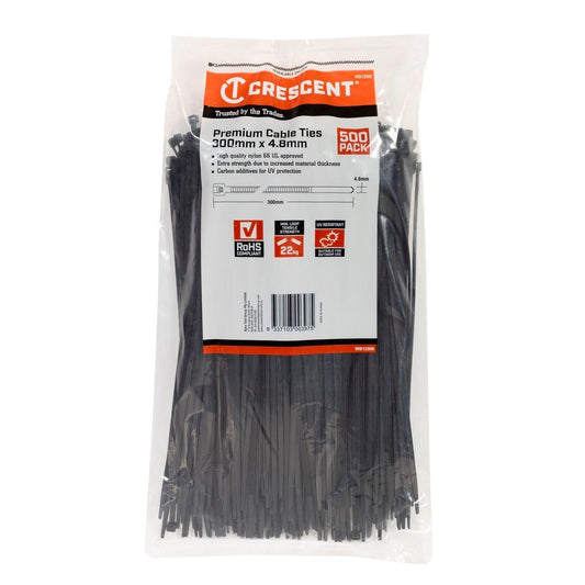 Crescent Black Cable Ties 300mm x 4.8mm Nylon Extra Strength 500 Pack