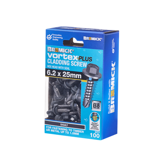 Bremick Vortex Plus Cladding Screw 6.2 x 25mm - 100 Pack - Hex Head - B8 Coating - Auzzistore