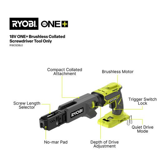 Ryobi 18V ONE+ Brushless Collated Screwdriver R18CSDBL0 - Tool Only - 25mm to 55mm Screw Length - Auto-Feed Attachment - Adjustable Depth – view 2 - Auzzistore