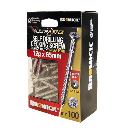 Bremick Ultrafast Stainless Steel 316 T25 Truss Head Screws 100 Pack - 12g x 65mm - Quick Installation - Auzzistore