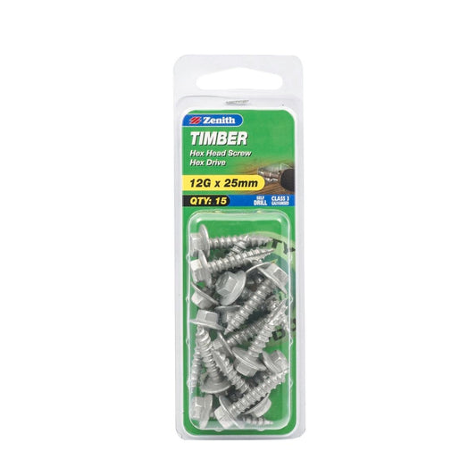 Zenith Timber Screws - 12g x 25mm - Galvanised - Hex Head - 15 Pack - Auzzistore