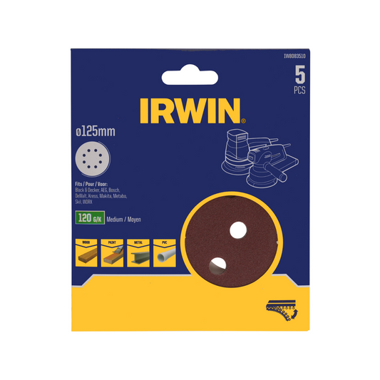 Irwin 125mm Quick Fit Random Orbital Sanding Discs 120 Grit 5 Pack - Efficient Smoothing - Auzzistore