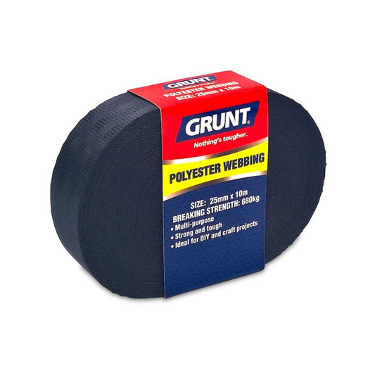 Grunt 25mm x 10m Heavy Duty Black Polyester Webbing - Strong - Pliable - 1100kg Breaking Strength - Auzzistore