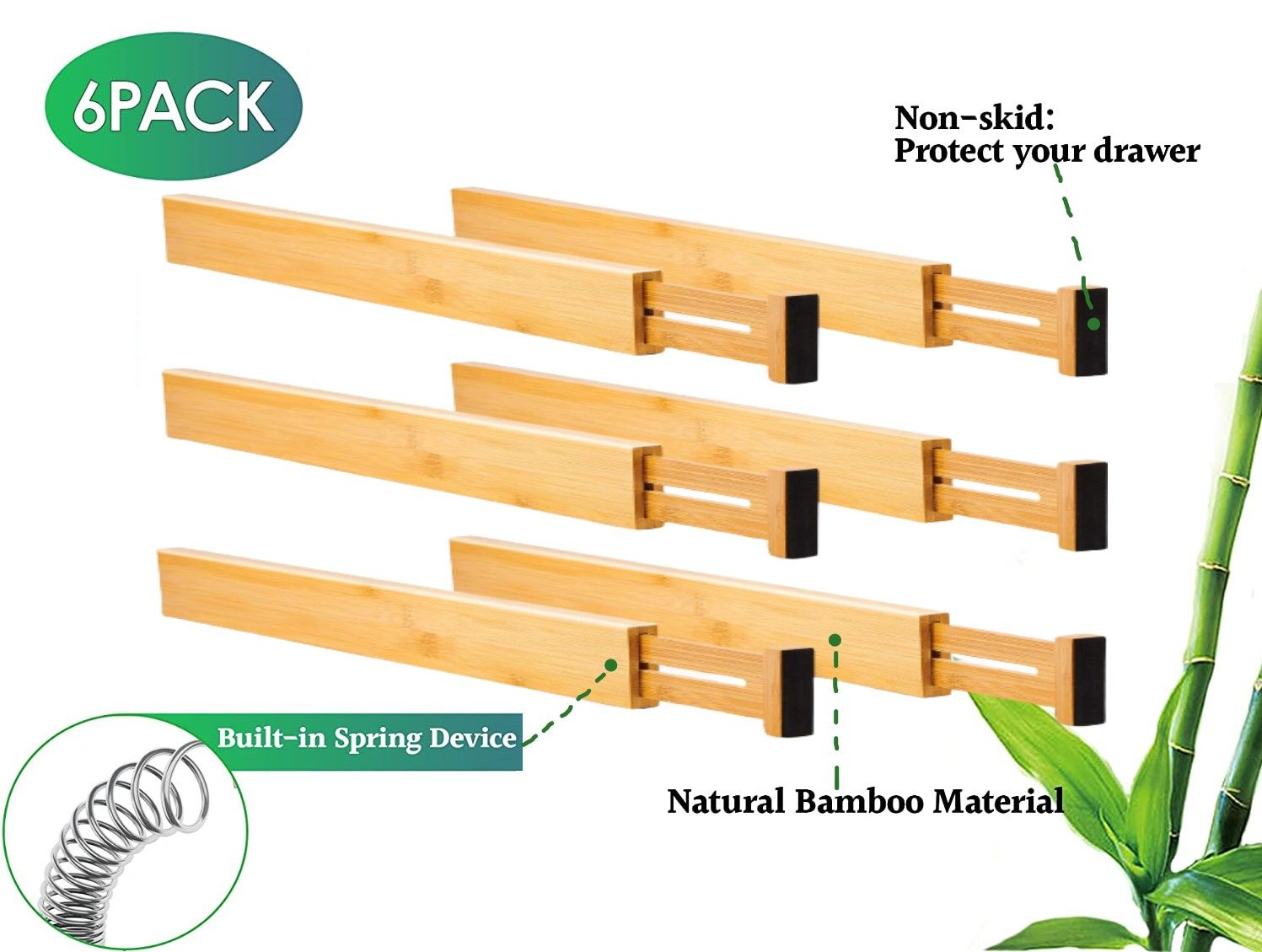 6 Pack Bamboo Adjustable Kitchen Drawer Dividers (Large, 44-55 cm) | Auzzi Store