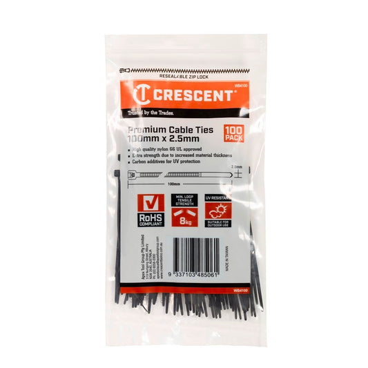 Crescent Cable Ties - 100mm x 2.5mm - Black - 100 Pack - Nylon - UV Resistant