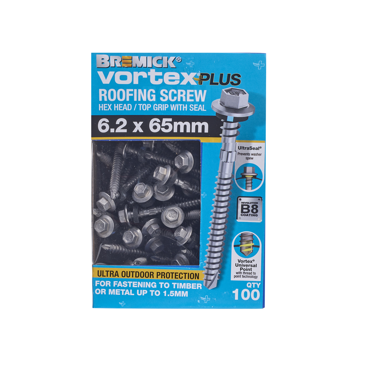 Bremick Vortex Plus Roofing Screw 6.2 x 65mm - 100 Pack - Hex Head - D ...