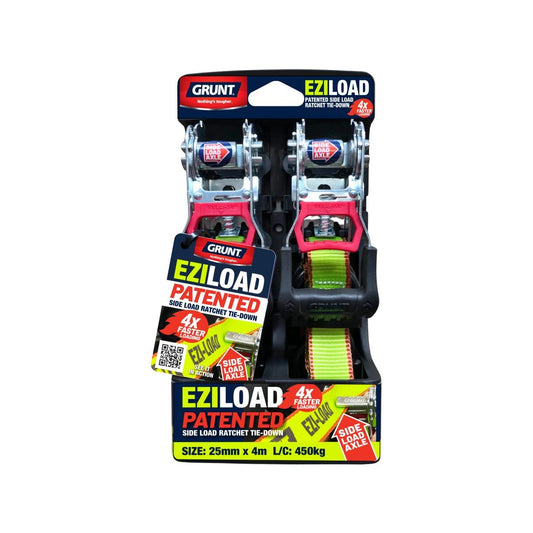 Grunt Ezi Load Ratchet Tie Down 25mm x 4m 2 Pack - Side Loading System - 450kg Capacity
