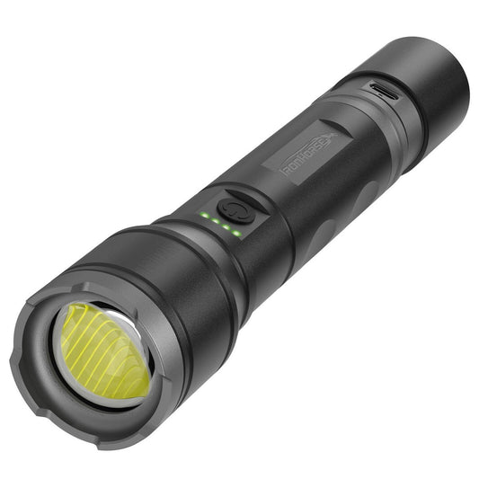 Ironhorse 1100lm Premium Hybrid Dual Power Torch Flashlight - 2000mAh Rechargeable - Black and Gun Metal - Waterproof - Adjustable Focus