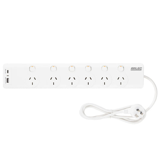 Arlec 6 Outlet Surge Protected Powerboard 1.8m - White - PD20W USB Charging