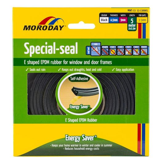 Moroday E Shaped Weatherseal 9mm x 4.5mm x 5m Black EPDM Rubber - Auzzistore
