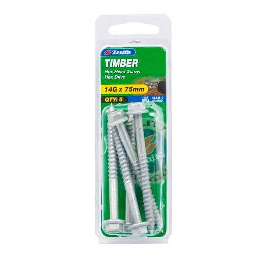 Zenith Timber Screws - 14g x 75mm - Galvanised - Hex Head - 5 Pack - Auzzistore