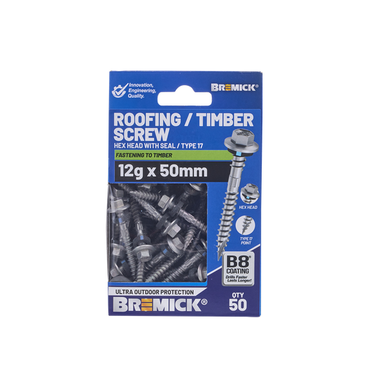 Bremick Hex Roofing Screw 12g x 50mm - B8 Coating - Pack of 50 - Watertight Connection – view 2 - Auzzistore