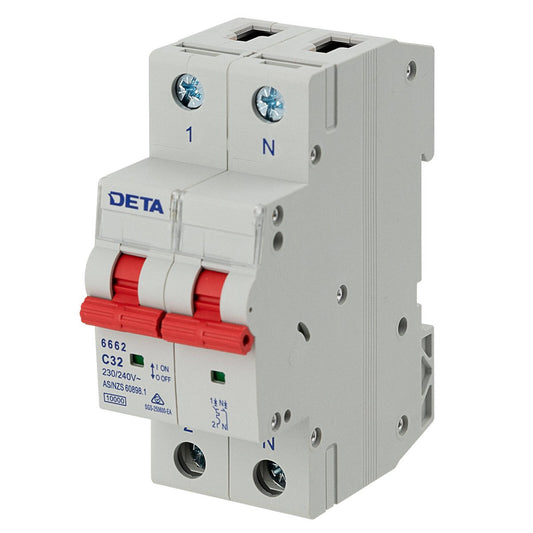 Deta 32A Single Phase MCB 1P NC Curve 10KA - Circuit Protection Device - Light Grey - Auzzistore