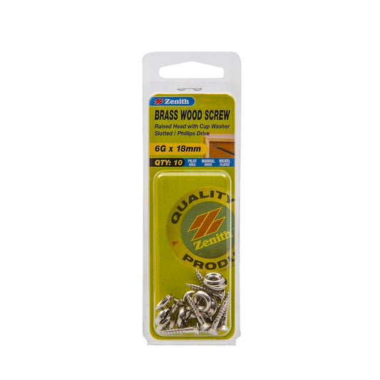 Zenith 6G x 18mm Nickel Plated Brass Raised Head Wood Screws with Cup Washer – 10 Pack - Auzzistore