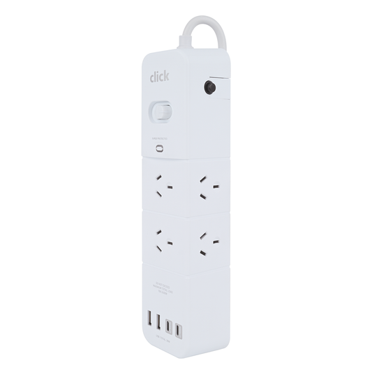 Click 6 Outlet Powerboard - 1m Cable - Surge Protection - USB Ports