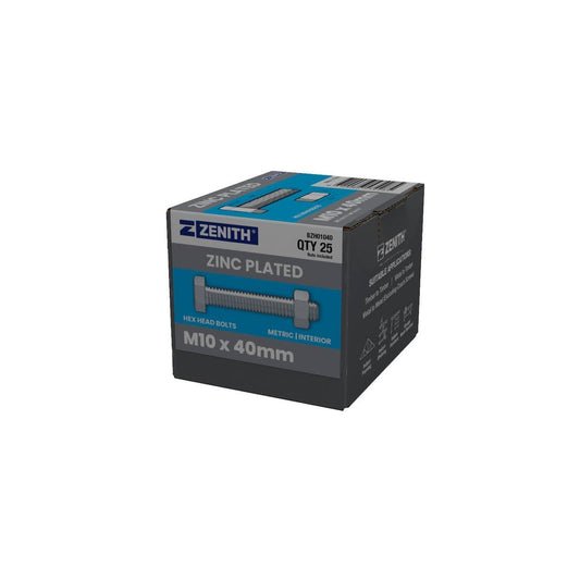 Zenith M10 x 40mm Zinc Plated Hex Head Bolts and Nuts 25 Pack - Durable Fastening Solutions - Auzzistore