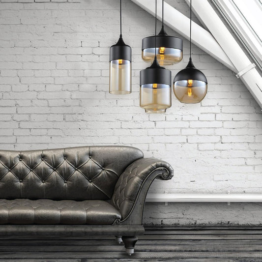 Home Design Ambra Pendant Light - Matte Black Metal - Amber Glass - 60W – view 2 - Auzzistore
