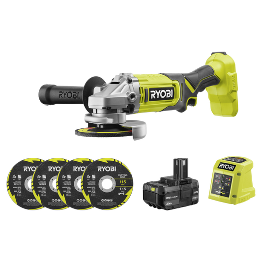 Ryobi 18V ONE+ Angle Grinder Kit - 115mm - 4.0Ah Battery - Cutting & Grinding - Auzzistore