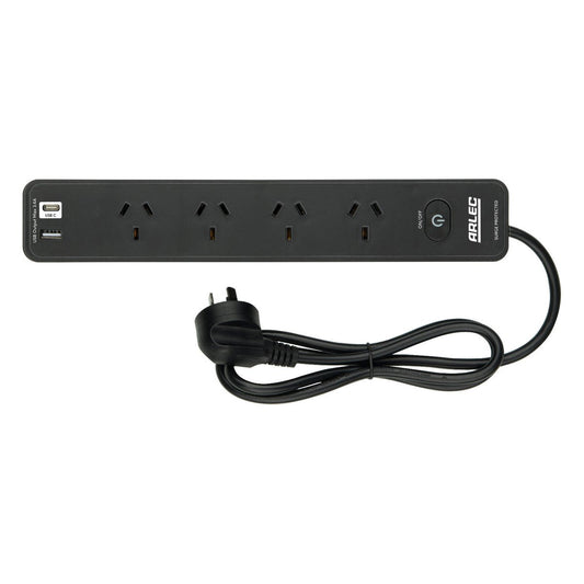 Arlec Black 4 Outlet Surge Protected Powerboard 285mm - USB A&C Charger