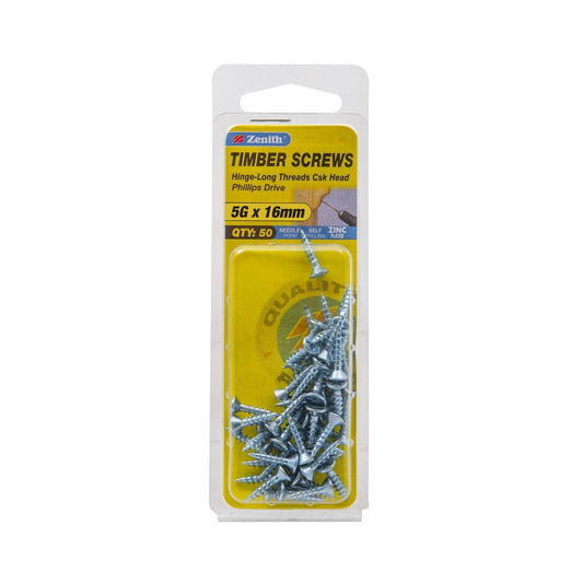 Zenith Hinge Long Thread Screw - 5g x 16mm - Zinc Plated - 50 Pack - Auzzistore