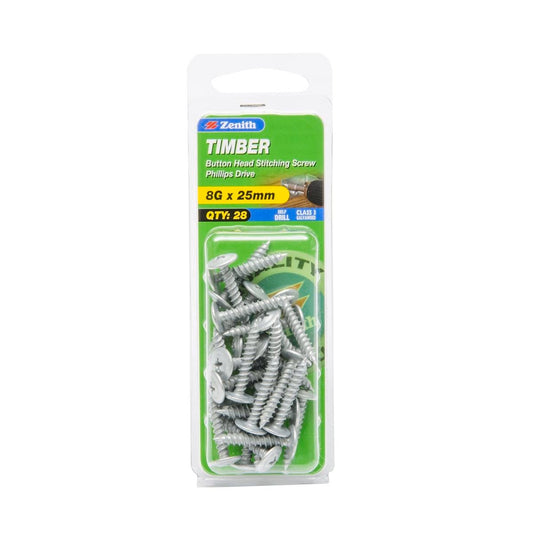 Zenith Timber Screws 8g x 25mm Galvanised Button Head 28 Pack - Auzzistore
