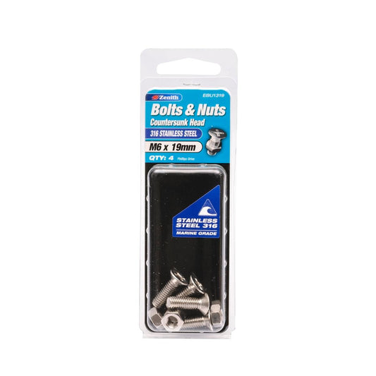 Zenith Countersunk Head Bolt - M6 x 19mm - Stainless Steel - Corrosion Resistant - 4 Pack - Auzzistore