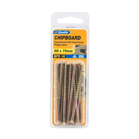 Zenith 8g x 75mm Countersunk Rib Head Chipboard Screws - 16 Pack - Gold - Self-Drilling - Auzzistore