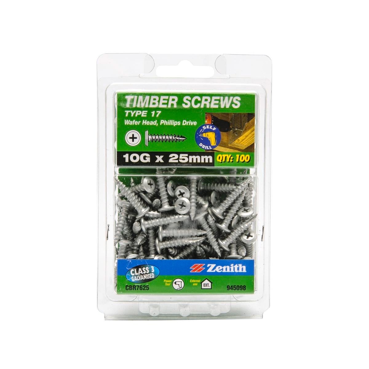 Zenith Timber Screws 10g x 25mm Galvanised Type 17 100 Pack