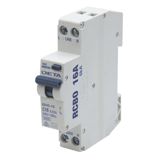 DETA 16A Residual Circuit Breaker with Overload Protection - 1P+N - 18mm - Auzzistore