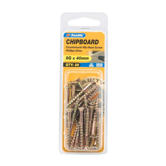 Zenith 8g x 40mm Countersunk Rib Head Chipboard Screws - 28 Pack - Gold - Self-Drilling - Auzzistore