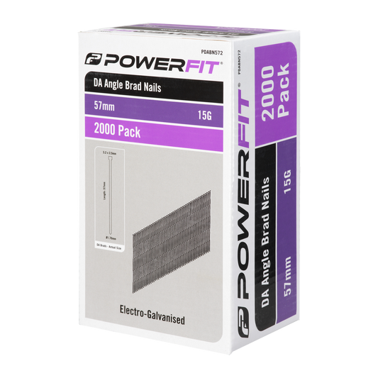 Powerfit 57mm Electro Galvanised DA Angled Brad Nails - 2000 Pack - Corrosion Resistant - 15-Gauge - Auzzistore