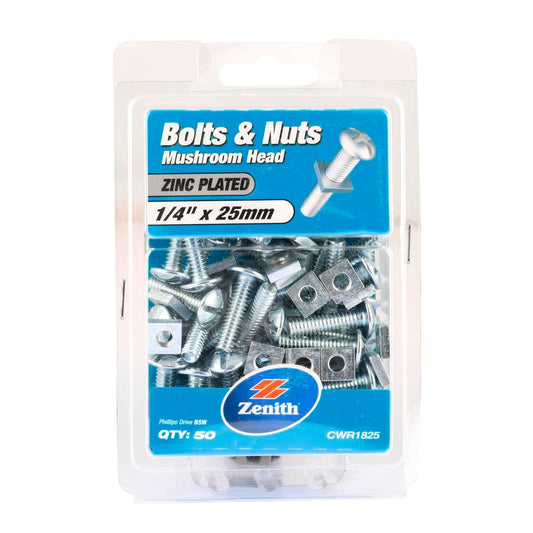 Zenith Mushroom Head Bolt - 1/4"x25mm - Zinc Plated - 50 Pack - Auzzistore