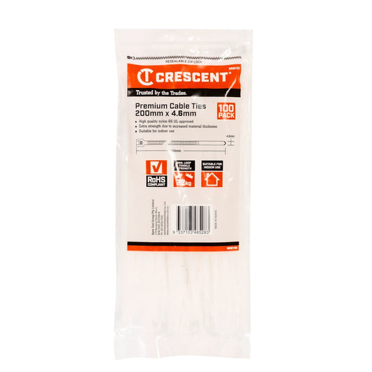 Crescent Cable Ties - 200 x 4.6mm - White - 100 Pack - Nylon - Self-Locking