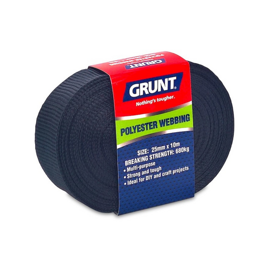 Grunt 25mm Black Poly Webbing 10m Strong Durable Lightweight - Auzzistore
