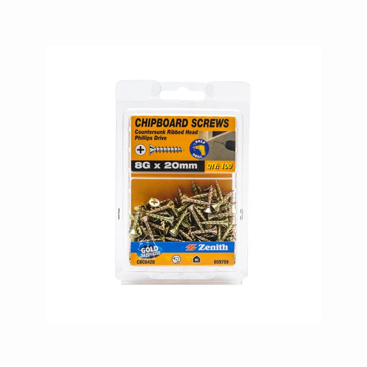 Zenith 8g x 20mm Countersunk Rib Head Chipboard Screws - 100 Pack - Gold Finish - Durable Fastening Solution – view 2 - Auzzistore