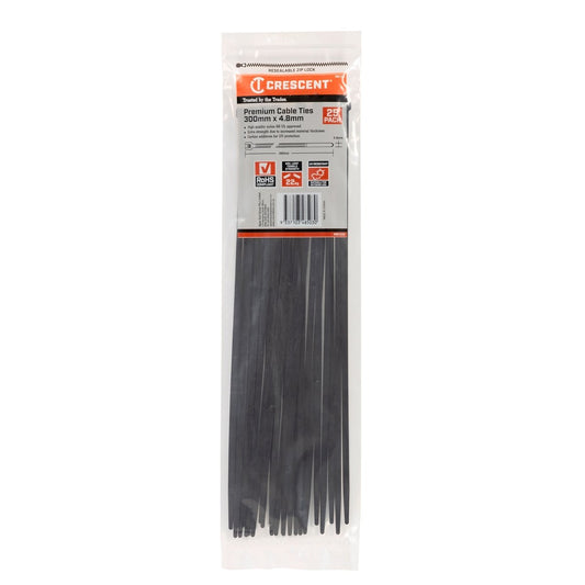 Crescent Cable Ties - 300mm x 4.8mm - Black - 25 Pack - Nylon - UV Resistant
