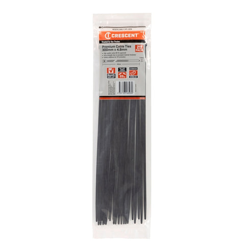 Crescent Cable Ties - 300mm x 4.8mm - Black - 25 Pack - Nylon - UV Resistant - Auzzistore