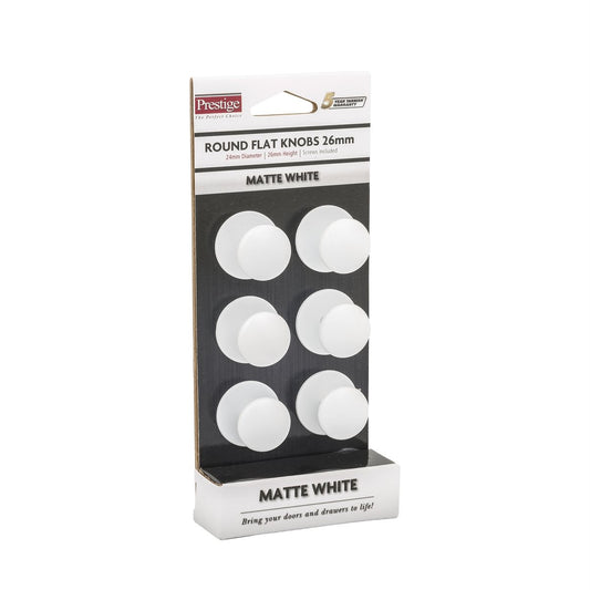 Prestige 26mm White Flat Knob Zinc Alloy Card of 6 Matte White – view 2