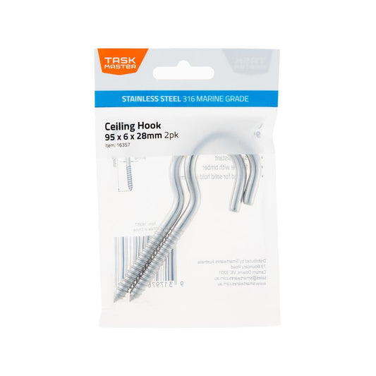 Taskmaster Ceiling Hook 2 Pack - 95 x 6 x 28mm - 316 Stainless Steel - Chrome - Auzzistore