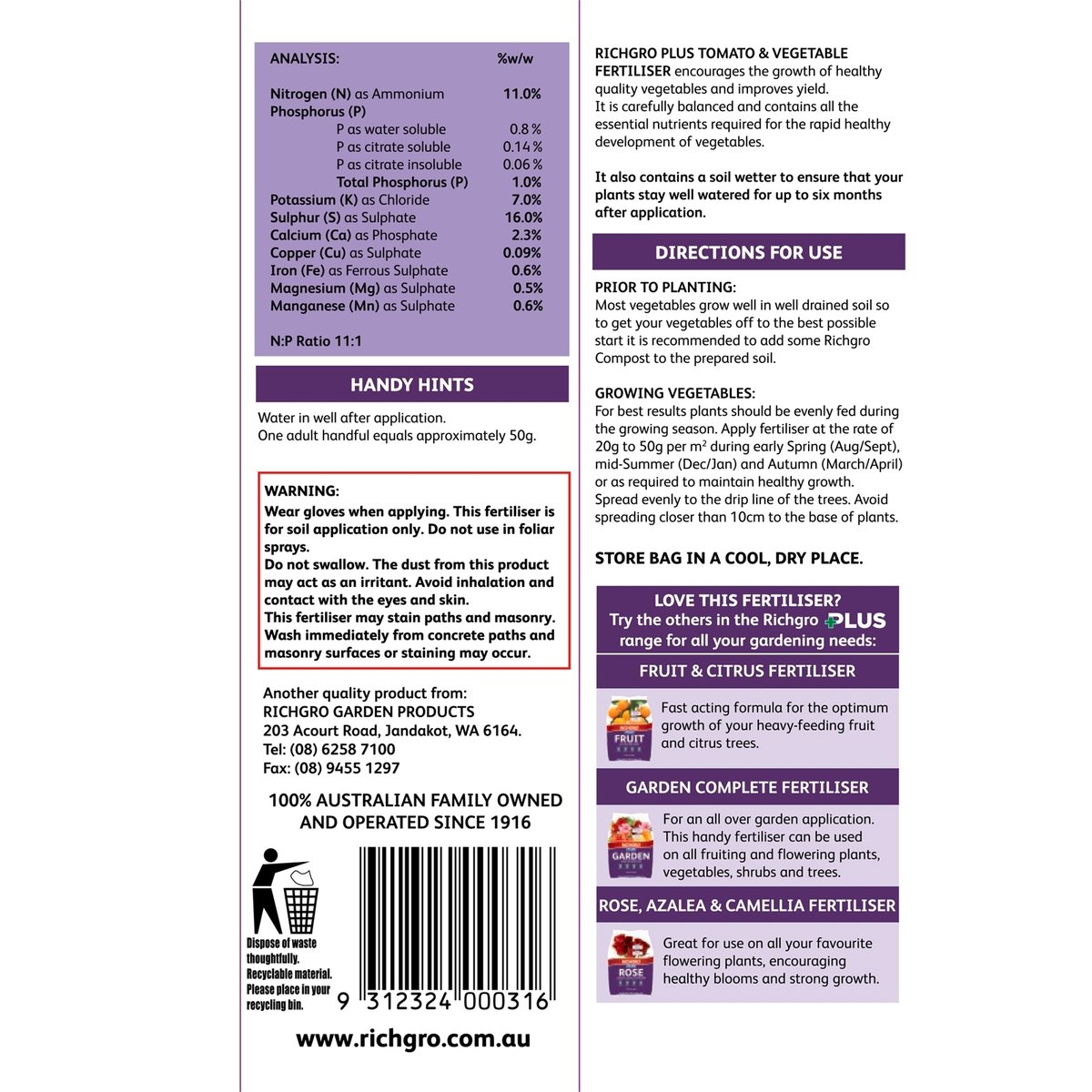 Richgro Plus Tomato and Vegetable Fertiliser - 2.5kg Granular - High NPK